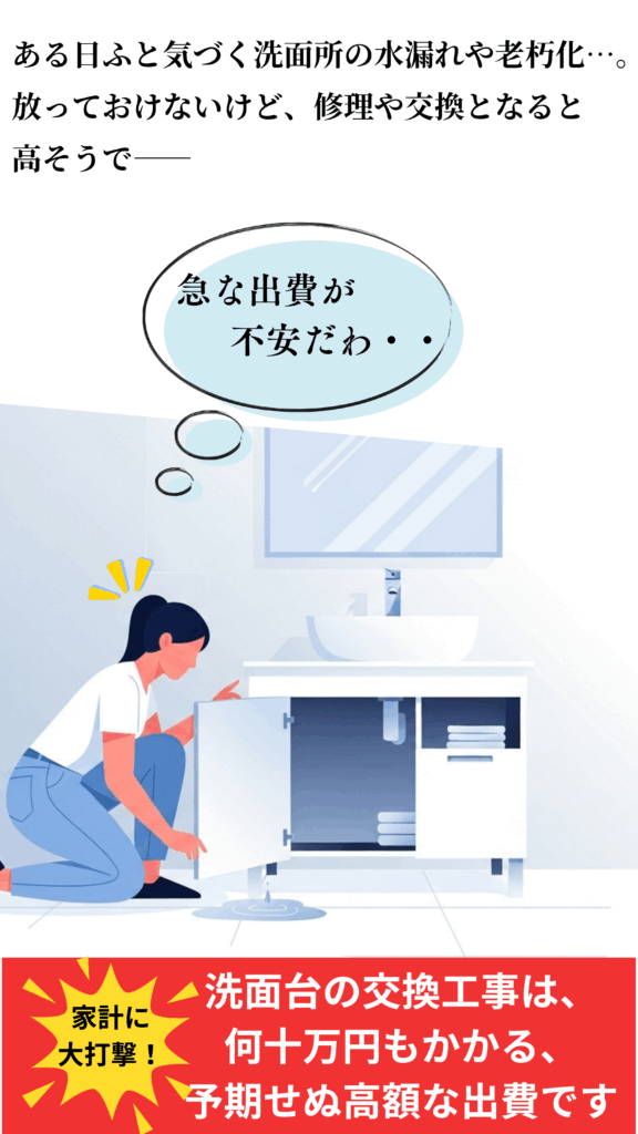 洗面台の交換工事は、
何十万円もかかる、
予期せぬ高額な出費です